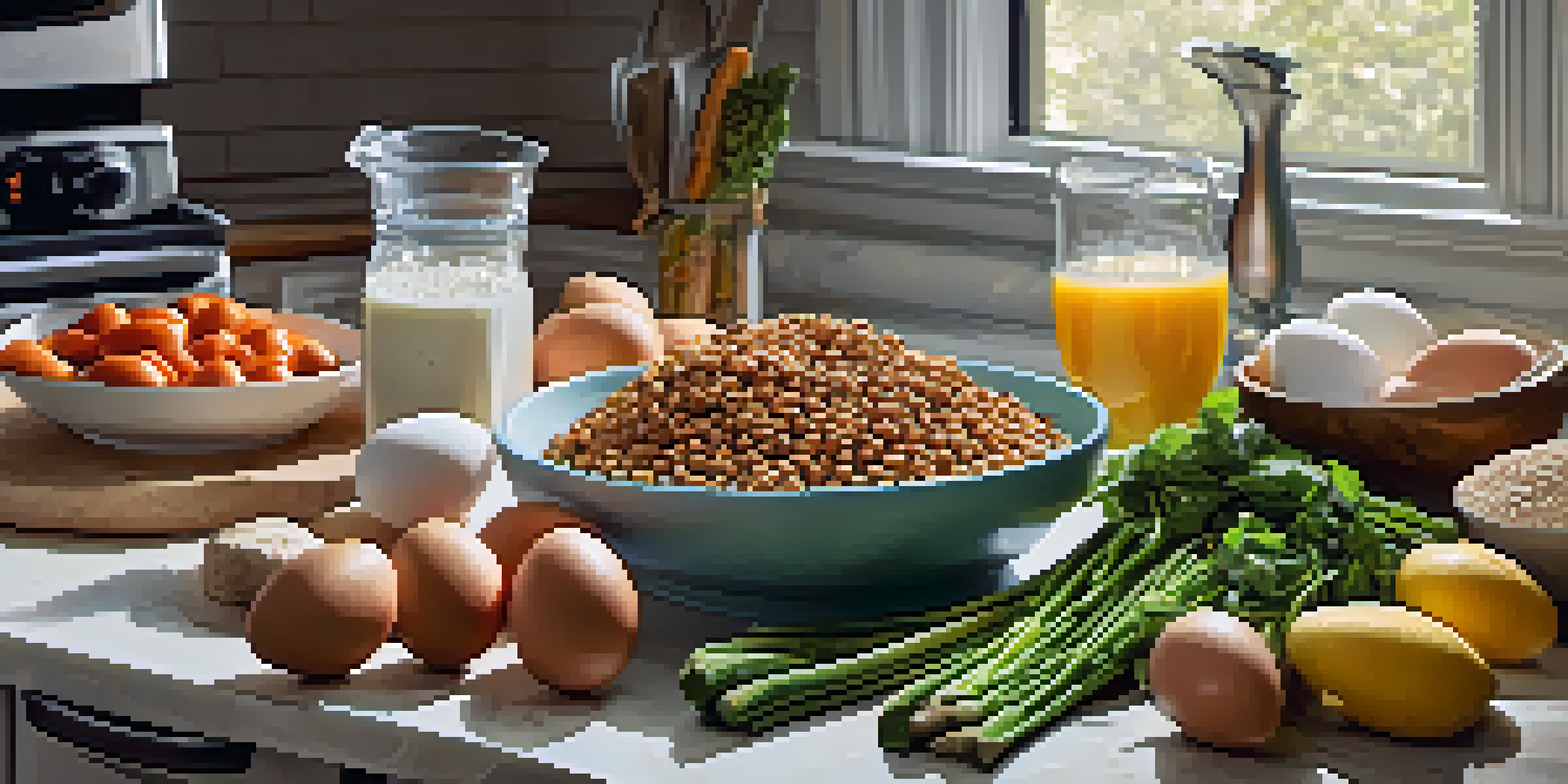 A kitchen countertop displaying various healthy post-workout protein sources like grilled chicken, eggs, lentils, and protein powder alongside fresh vegetables and fruits in a well-lit setting.