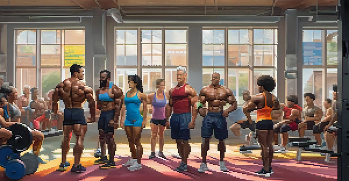 A diverse group of bodybuilders supporting each other in a well-lit gym environment.