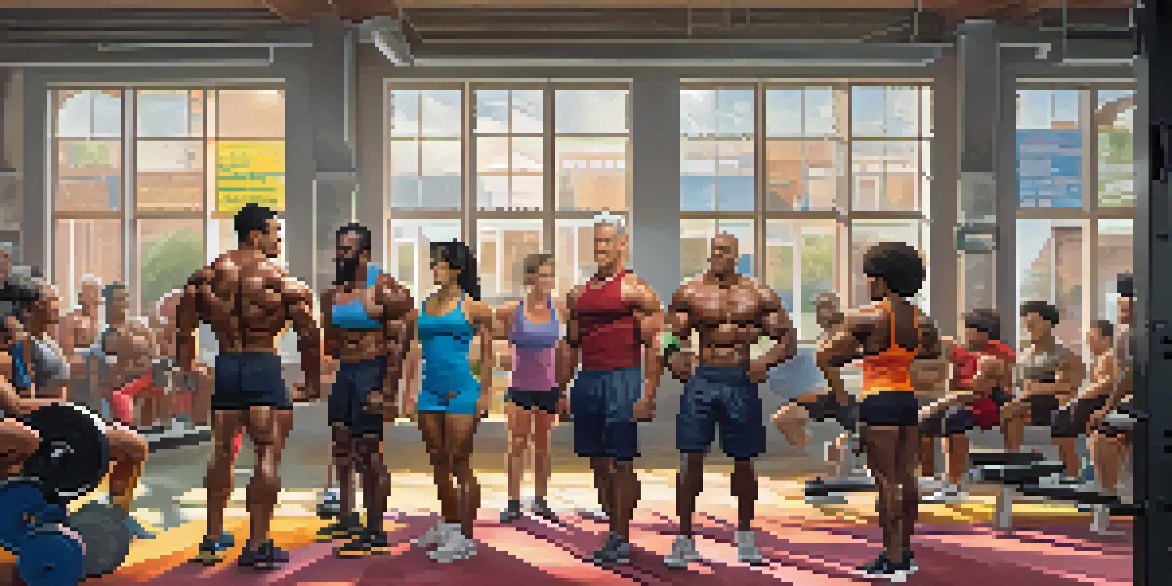 A diverse group of bodybuilders supporting each other in a well-lit gym environment.