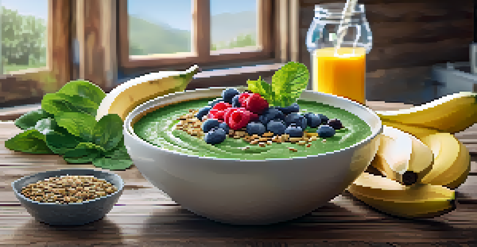 A smoothie bowl made with spinach, banana, and protein powder, garnished with berries and seeds in a sunlit kitchen.