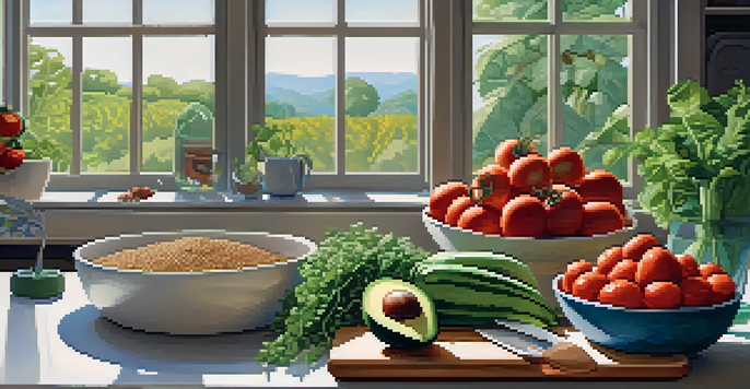 A bright kitchen with various fresh vegetables and legumes on the counter, illuminated by sunlight.
