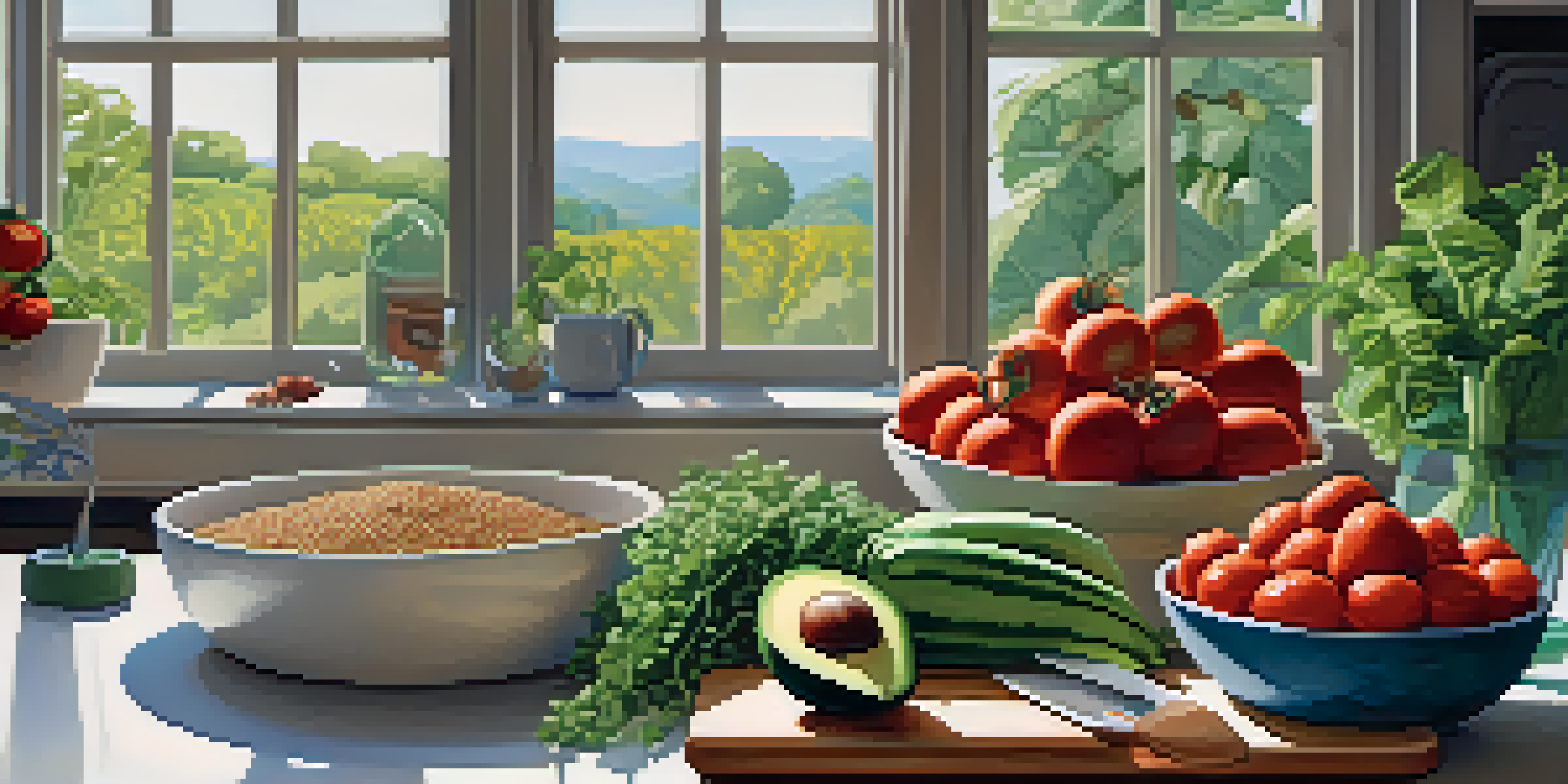 A bright kitchen with various fresh vegetables and legumes on the counter, illuminated by sunlight.
