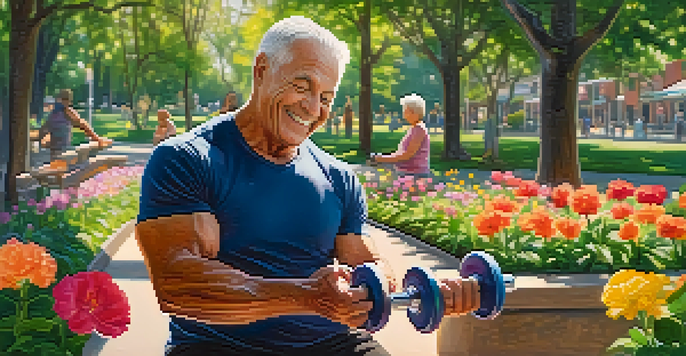 An older adult exercising with dumbbells in a vibrant park, surrounded by greenery and flowers, radiating happiness.