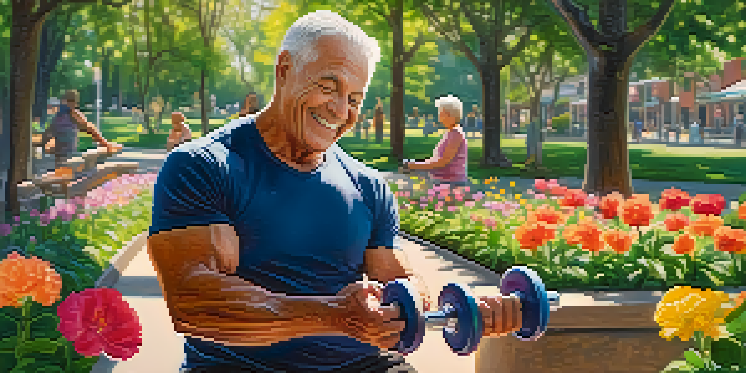 An older adult exercising with dumbbells in a vibrant park, surrounded by greenery and flowers, radiating happiness.