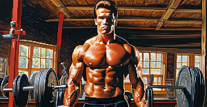 A young Arnold Schwarzenegger lifting weights in a vintage Austrian gym, surrounded by rustic gym equipment and warm lighting.