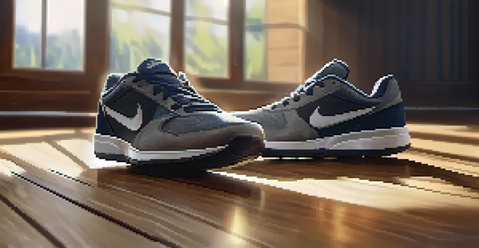 A close-up view of a pair of running shoes on a wooden floor, illuminated by sunlight coming through a window.
