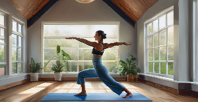 A person practicing Warrior II pose in a bright yoga studio with wooden floors and plants.