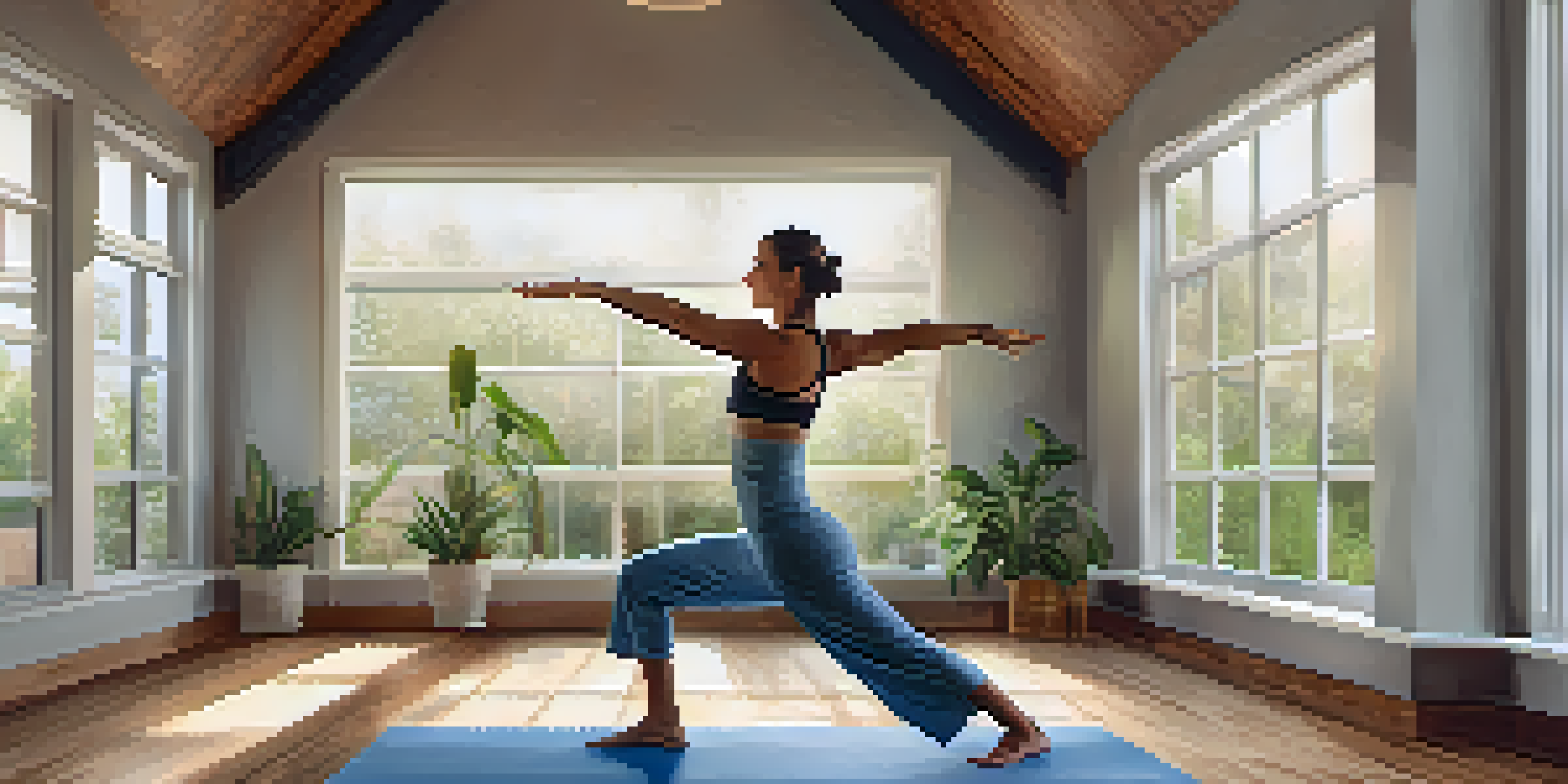 A person practicing Warrior II pose in a bright yoga studio with wooden floors and plants.