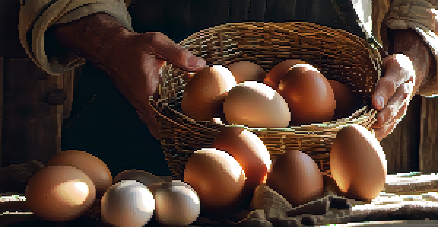 A close-up of a farmer's hands holding fresh eggs with a rustic basket in the background.