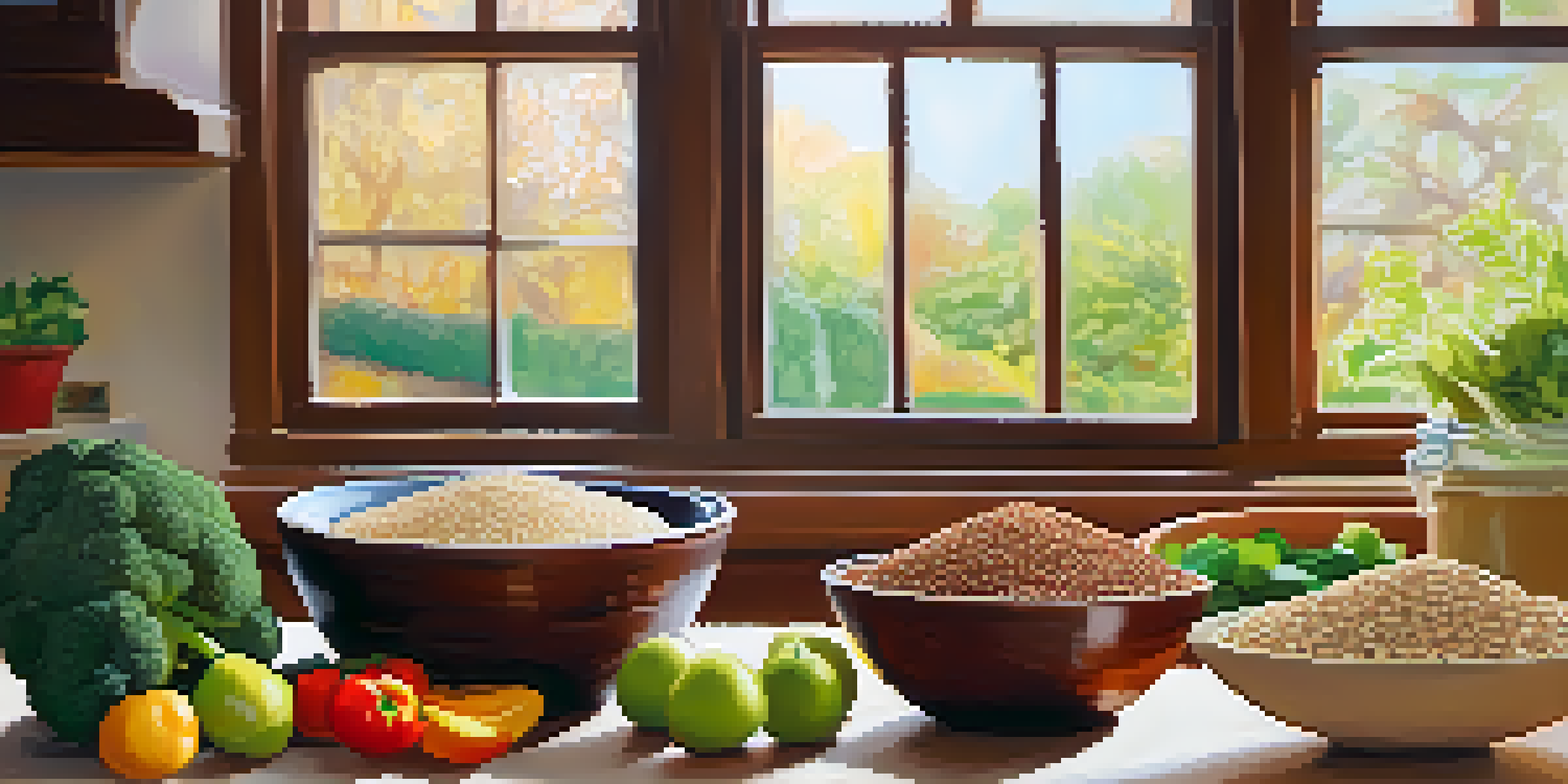 A kitchen countertop displaying an assortment of whole foods like rice, quinoa, fruits, and vegetables, illuminated by sunlight.