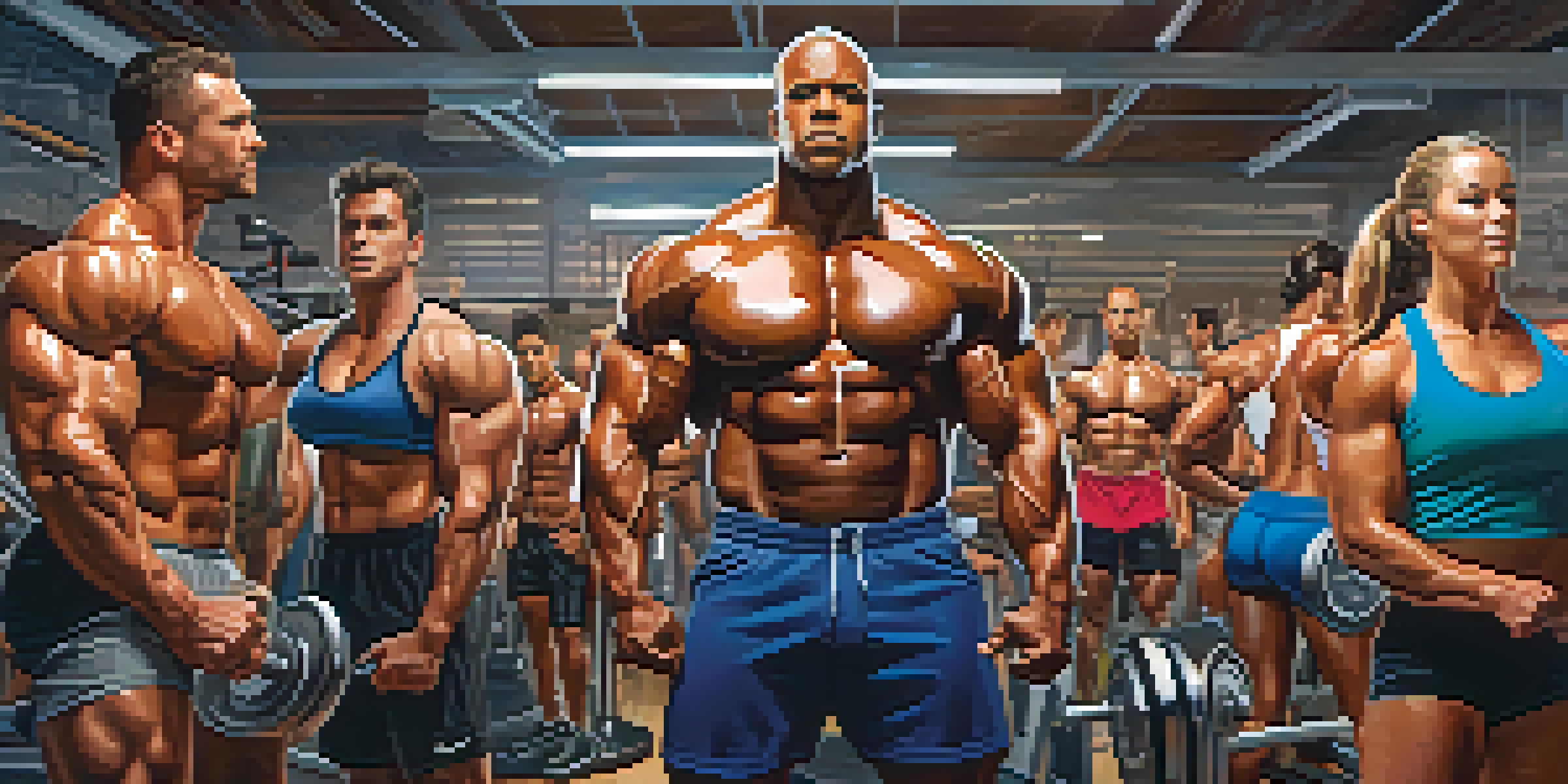 A diverse group of bodybuilders working out in a bright gym environment, showcasing various body types and expressions of determination.