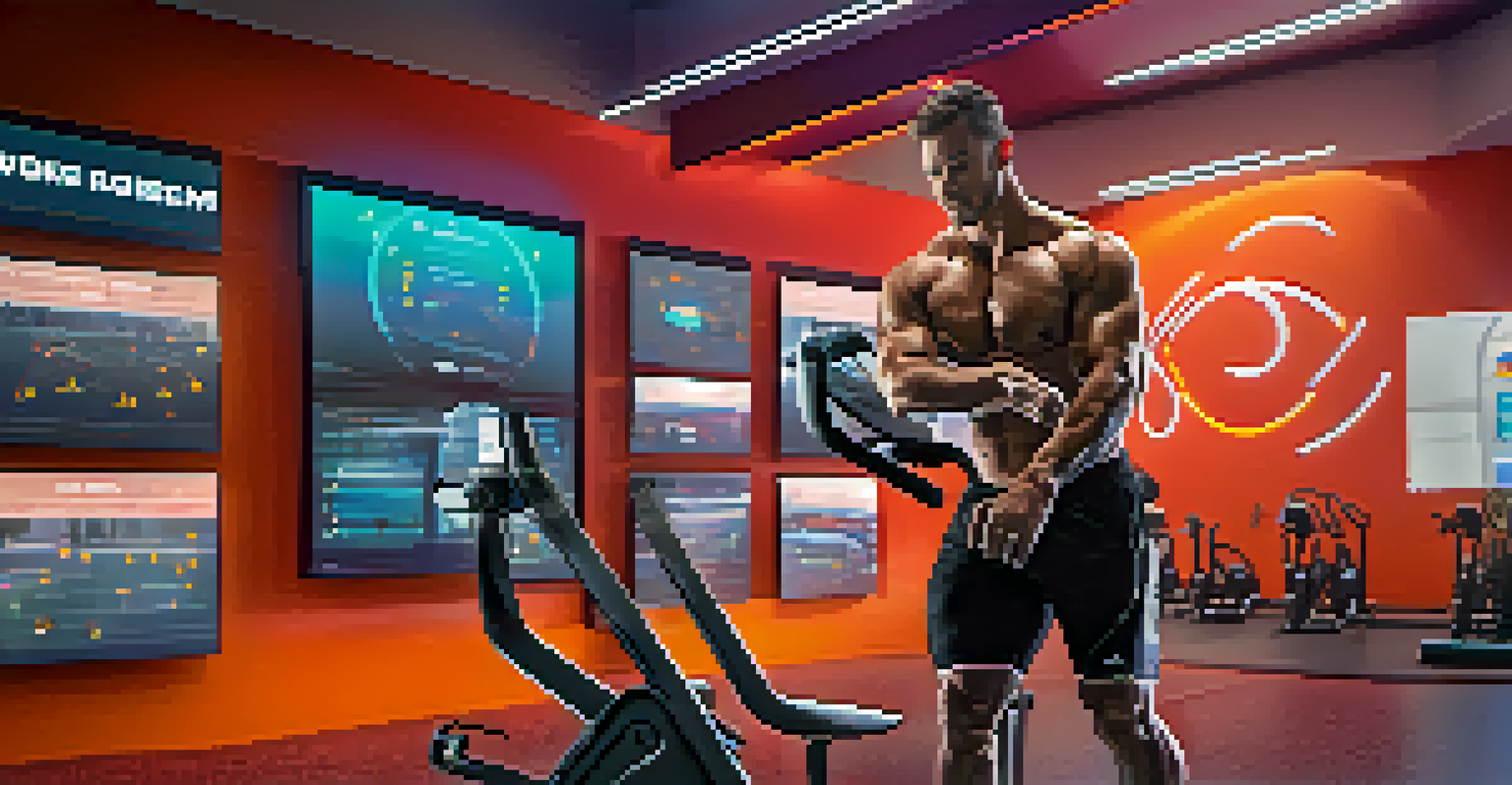 A bodybuilder in a high-tech gym reviewing performance metrics on a digital screen, surrounded by modern workout equipment.