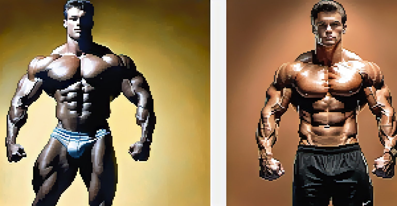A before-and-after transformation collage of a bodybuilder showcasing their fitness journey.