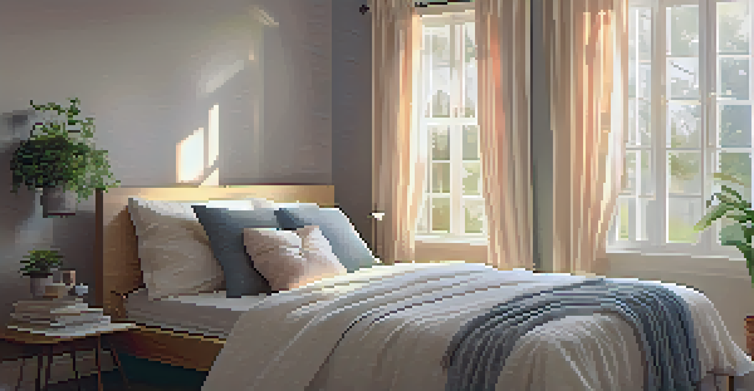 A peaceful bedroom setup with a cozy bed and soft lighting, promoting relaxation.