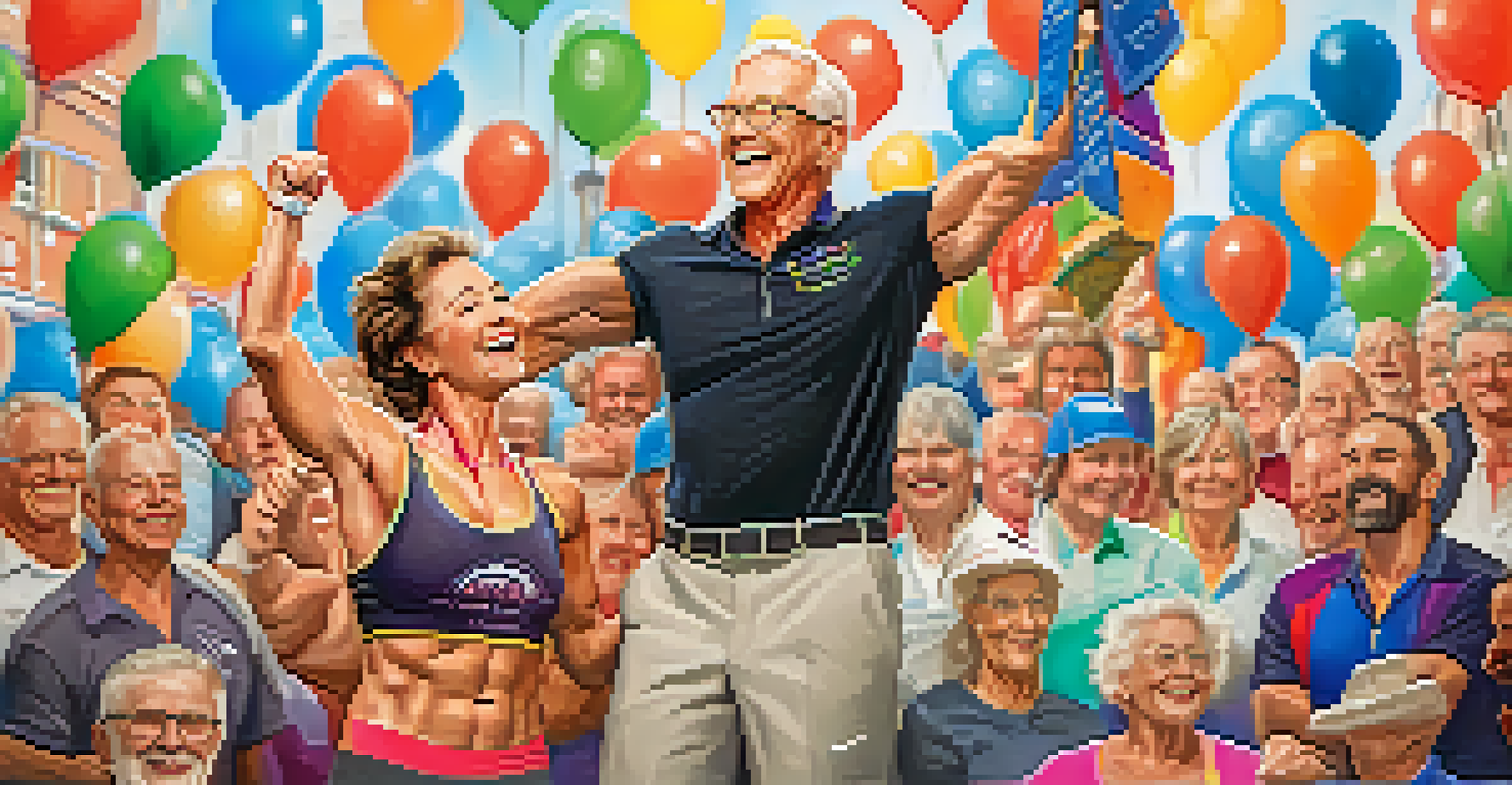 An older man and woman celebrating their bodybuilding achievement on a podium at a fitness competition.