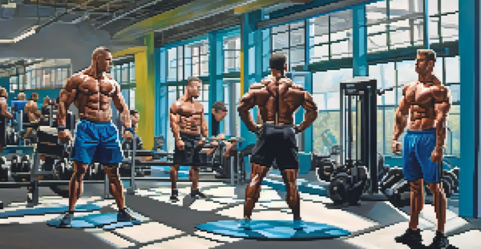 A diverse group of bodybuilders working out in a bright gym, showcasing teamwork and determination.