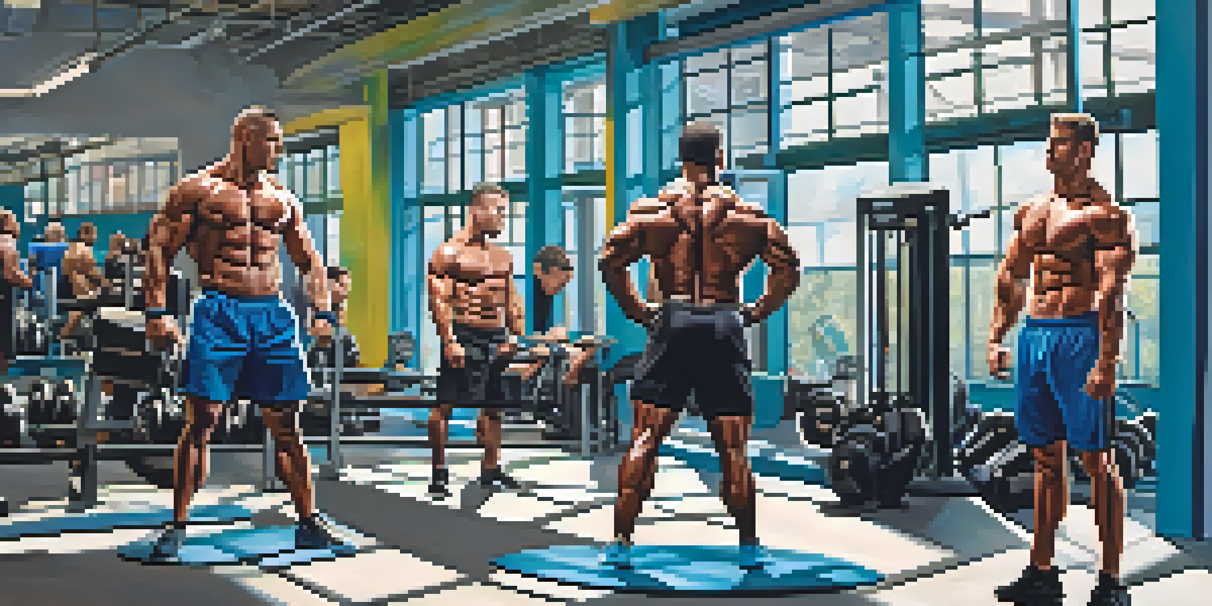 A diverse group of bodybuilders working out in a bright gym, showcasing teamwork and determination.