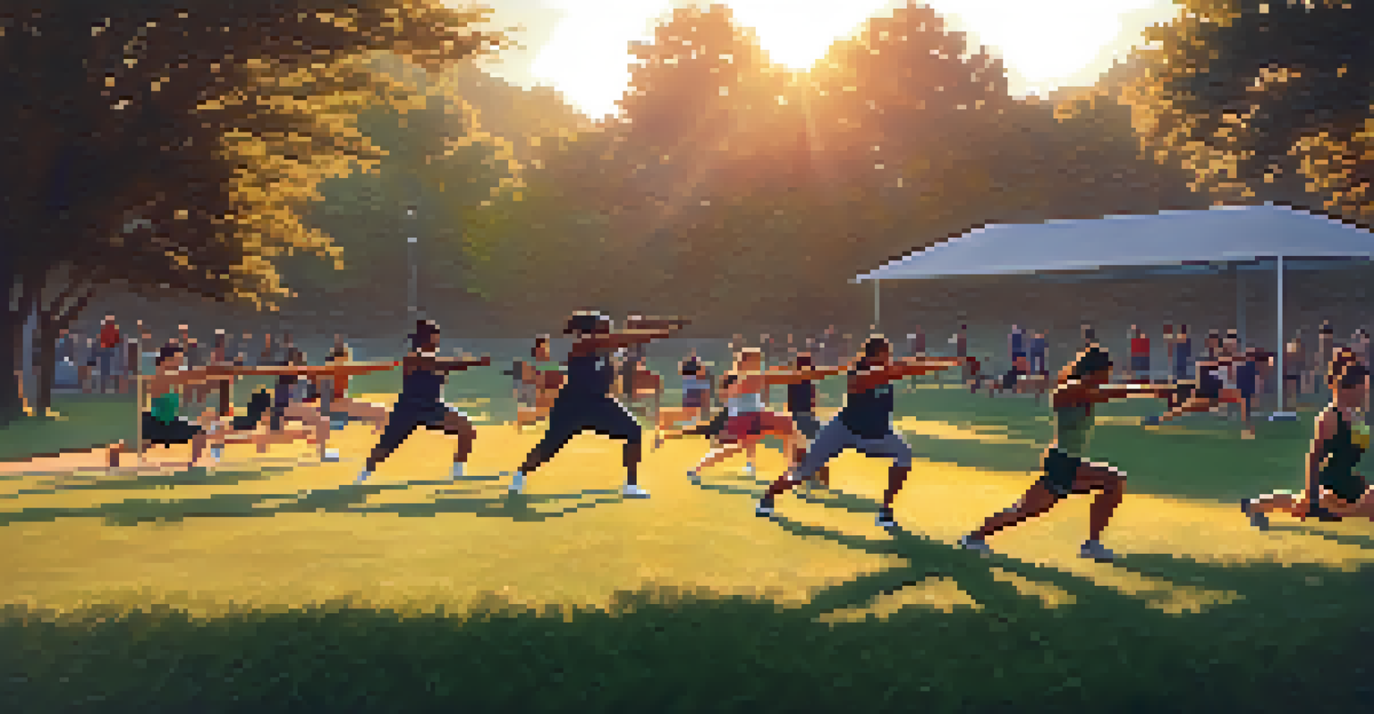 A diverse group of people exercising outdoors at sunrise on a grassy field, showcasing a sense of community and motivation.
