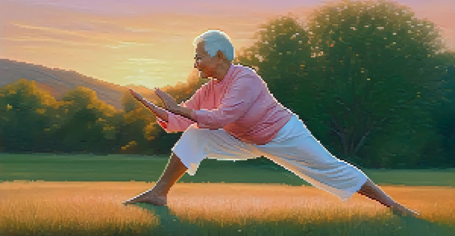 An older individual practicing yoga outdoors at sunset, embodying tranquility and mindfulness.