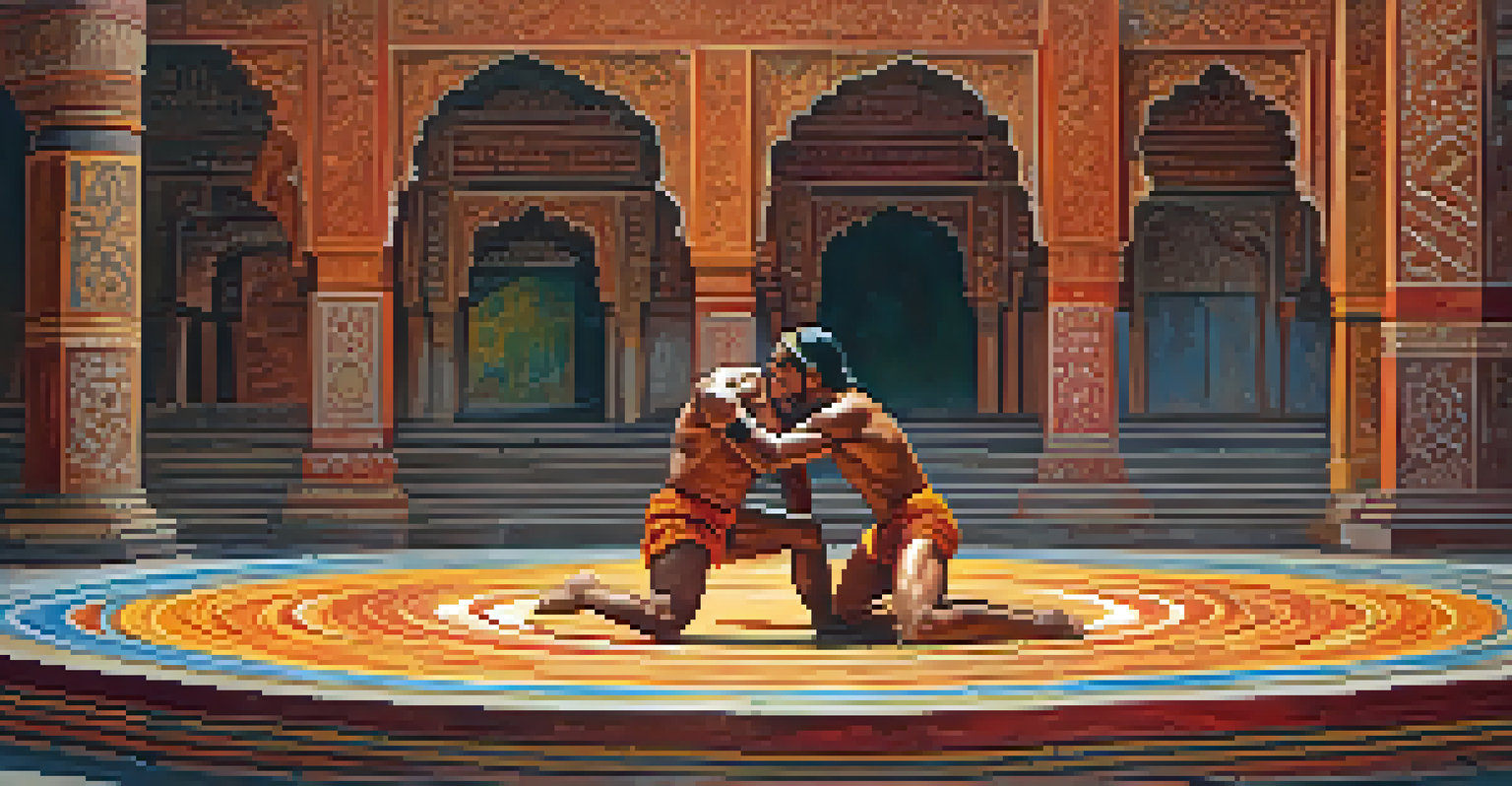 Two ancient Indian wrestlers engaged in Malla Yuddha, with traditional architecture in the background and vibrant colors.
