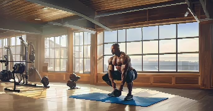 A bodybuilder squatting in a well-lit gym with motivational quotes on the walls and weights in the background.