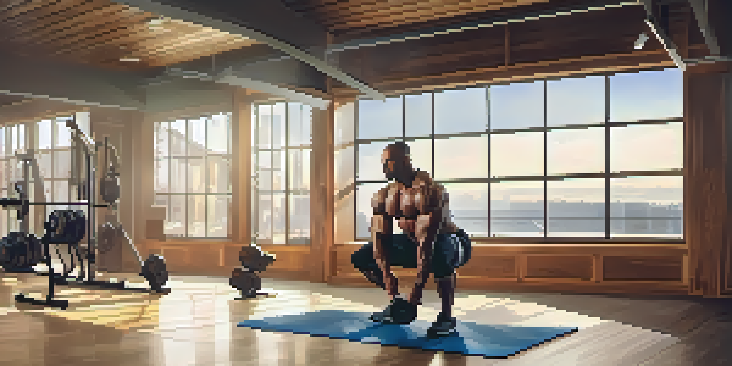 A bodybuilder squatting in a well-lit gym with motivational quotes on the walls and weights in the background.