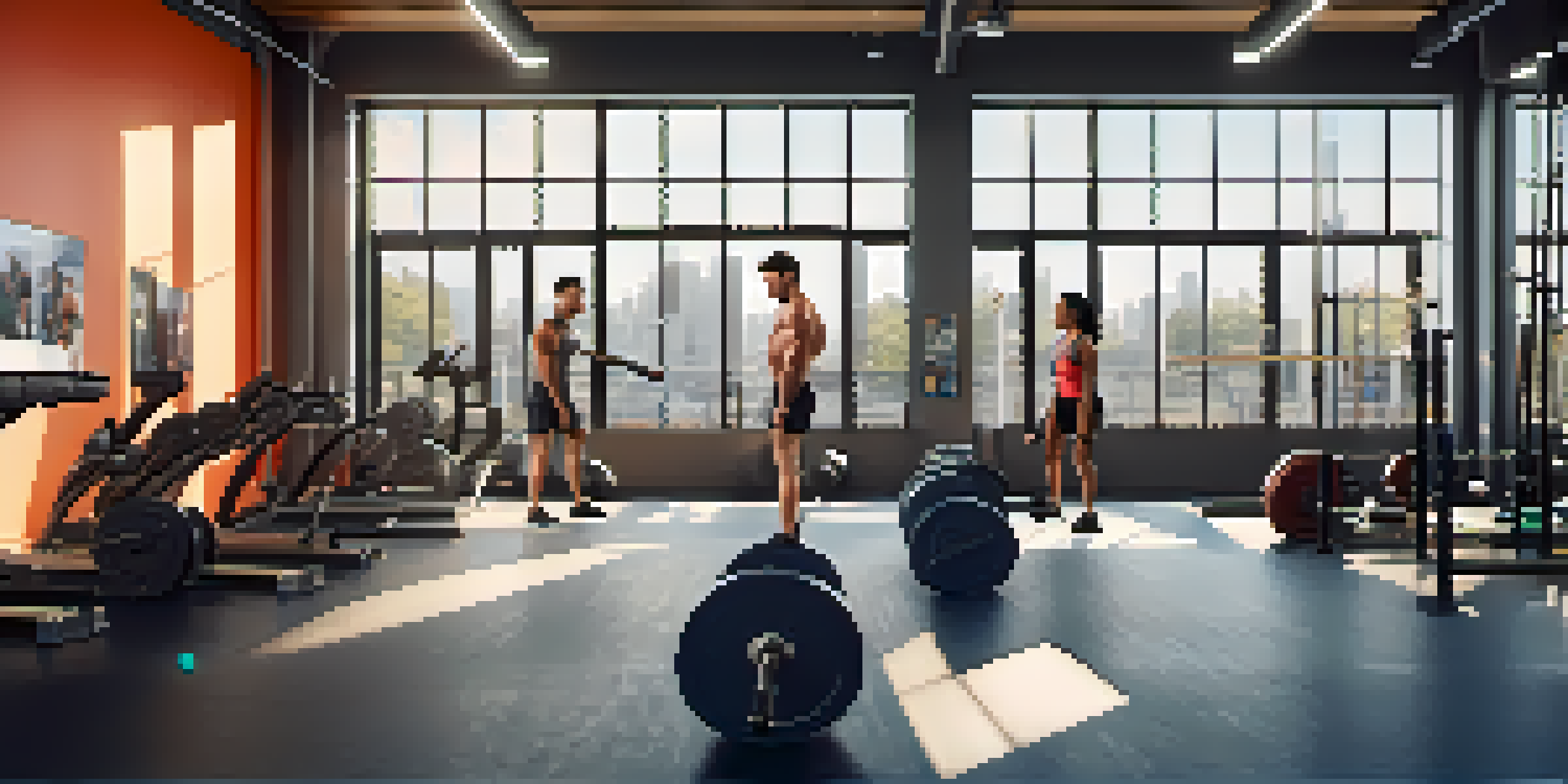 A diverse group of individuals working out in a bright gym, with one person lifting weights and another using a kettlebell.