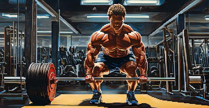 A muscular athlete lifting weights in a bright gym, surrounded by gym equipment and inspirational posters.