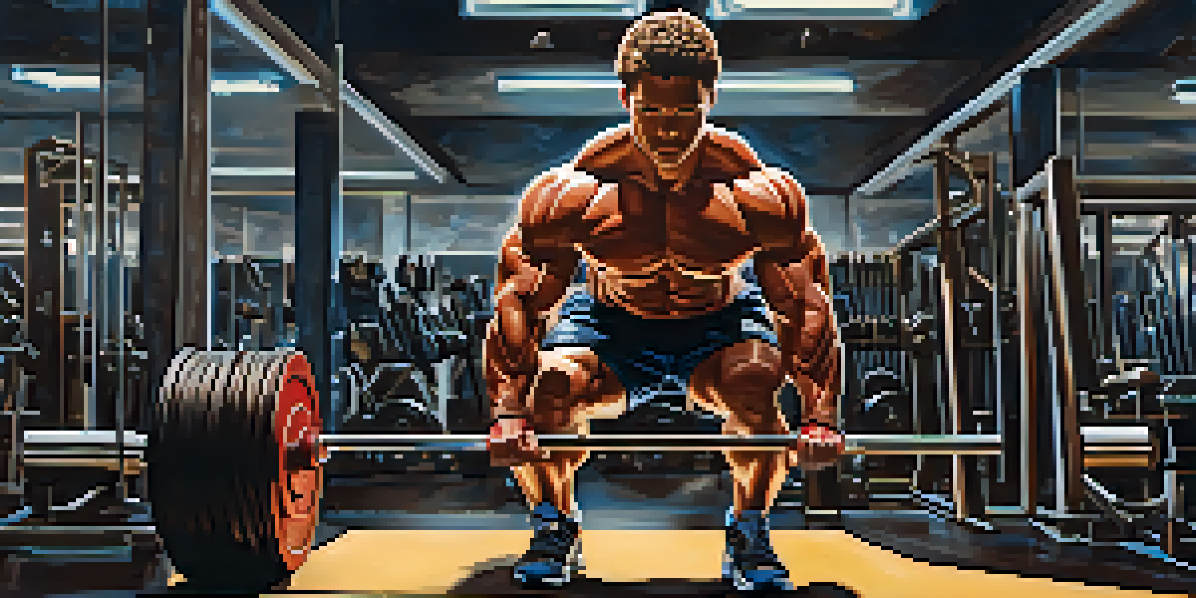 A muscular athlete lifting weights in a bright gym, surrounded by gym equipment and inspirational posters.