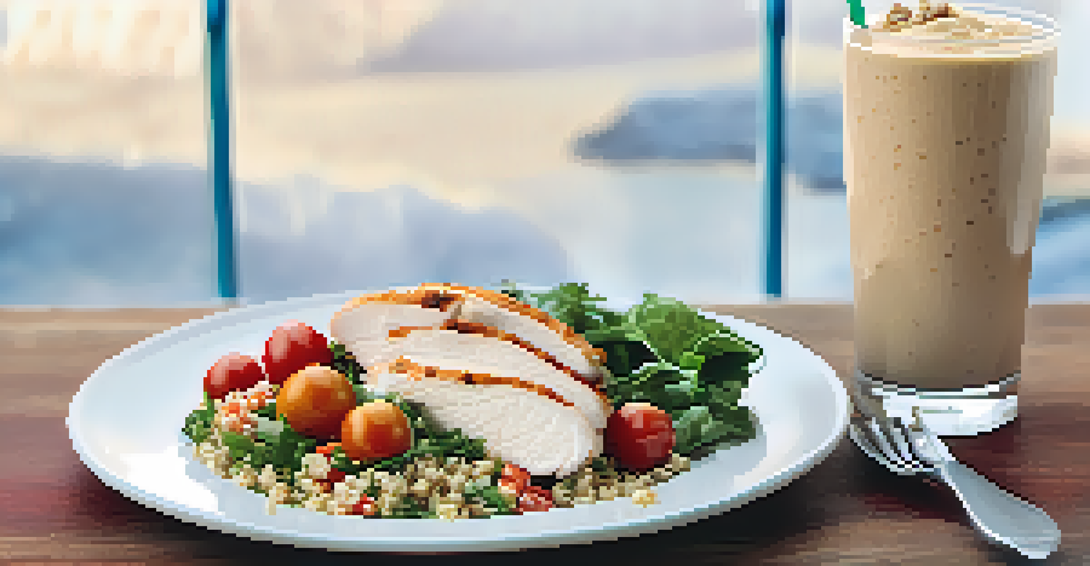A protein shake and chicken salad on a plate, set in a gym environment.