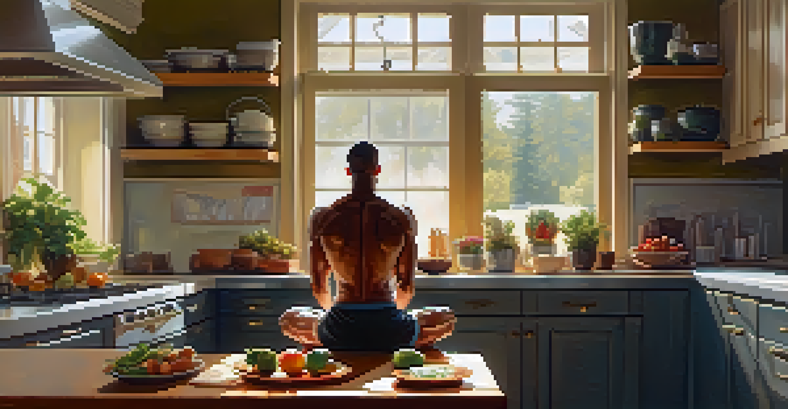 A bodybuilder sitting cross-legged on a yoga mat in a kitchen, practicing deep breathing with healthy foods in the background.