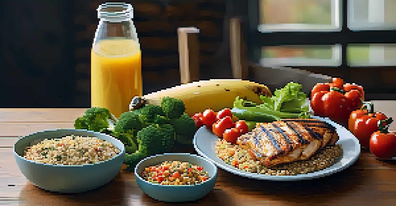 A healthy meal with grilled chicken, quinoa, and vegetables on a wooden table, with a water bottle nearby.