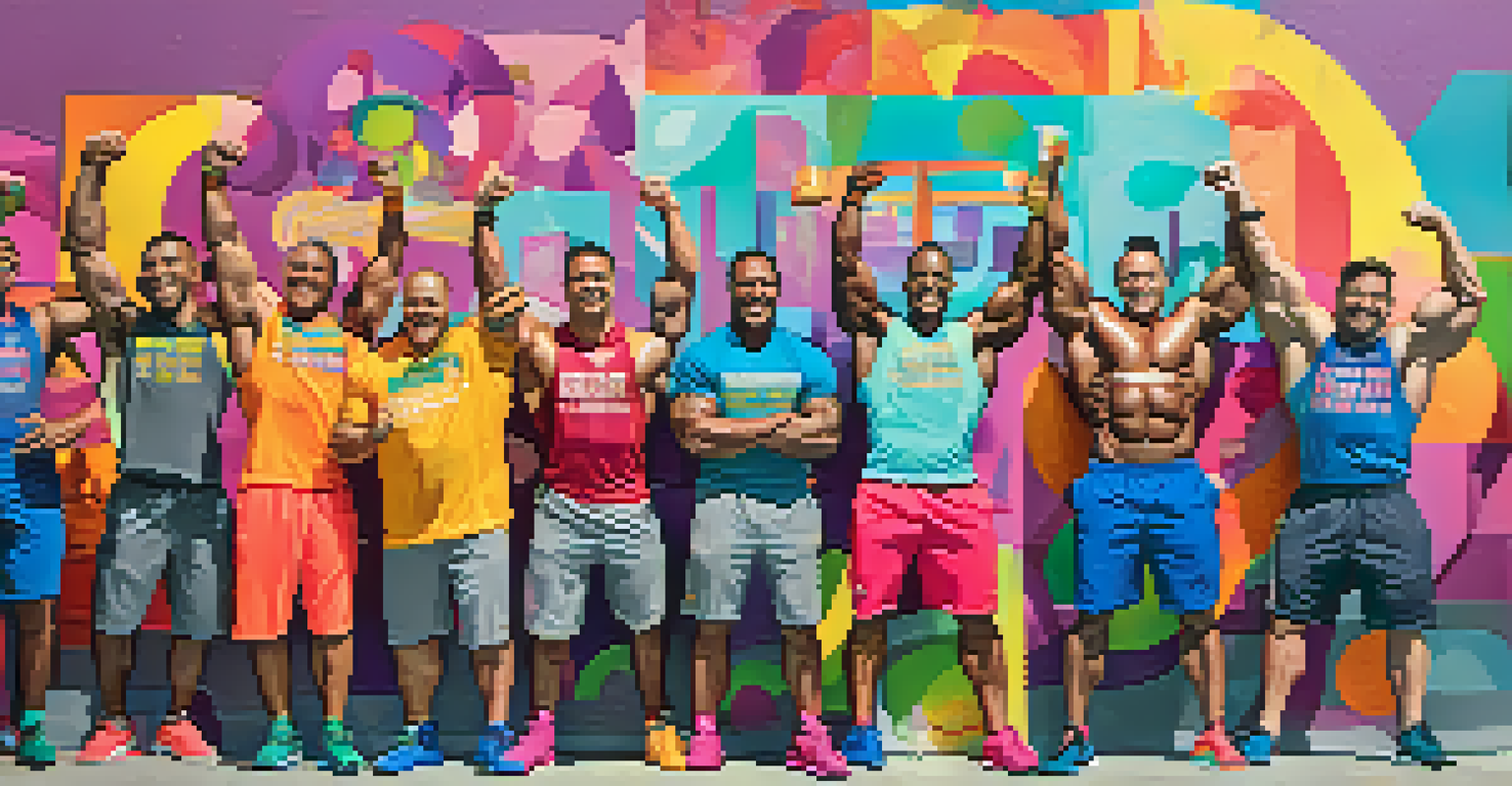 A group of diverse bodybuilders celebrating their workout success with smiles and high-fives in a colorful gym.