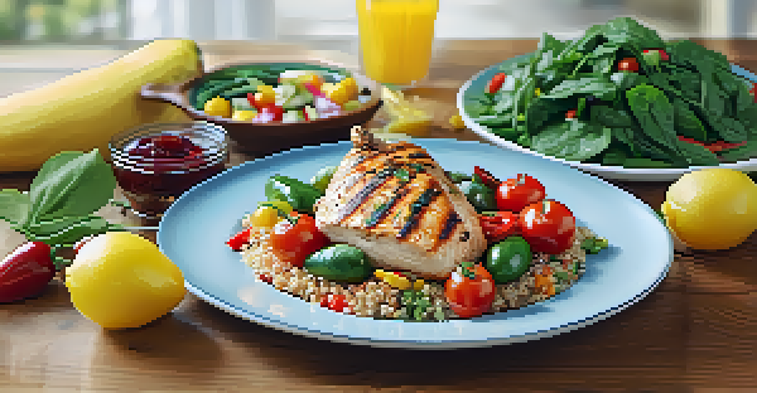 A healthy meal featuring grilled chicken, quinoa, and colorful vegetables, served on a wooden table with a glass of lemon water, emphasizing nutrition.