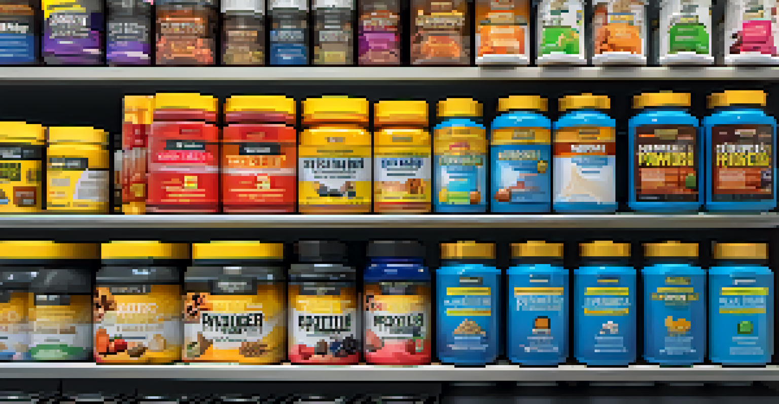 A close-up view of a table with a variety of bodybuilding supplements and nutrition products, emphasizing their colorful packaging.