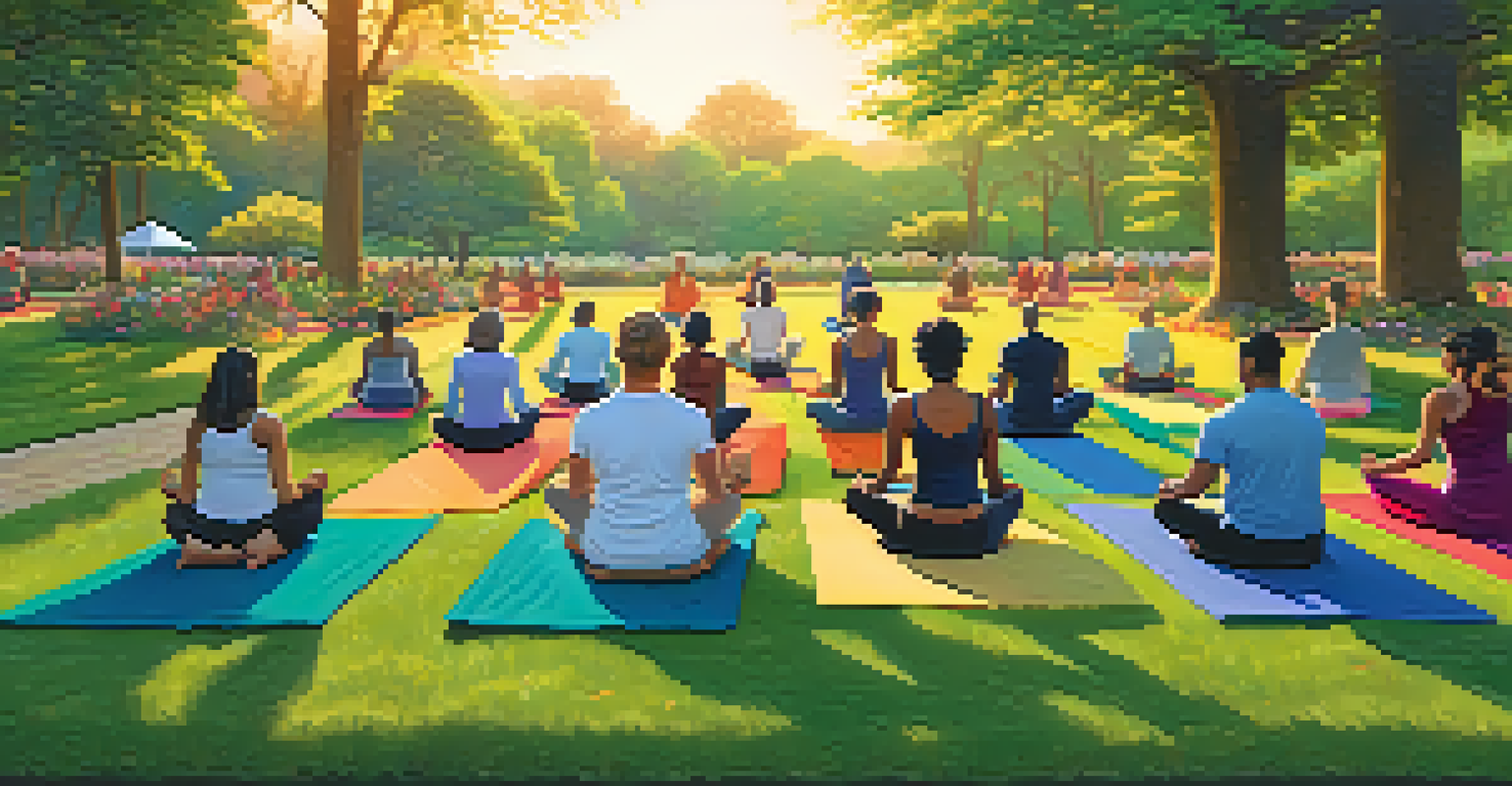 A diverse group of people practicing yoga outdoors in a park during sunset, surrounded by nature.