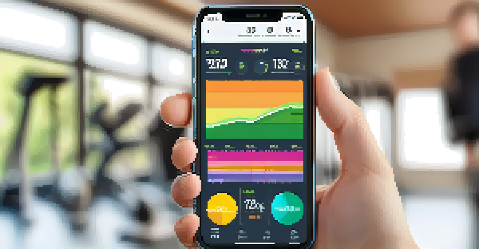 A close-up of a smartphone in a hand displaying a fitness tracking app with workout statistics.