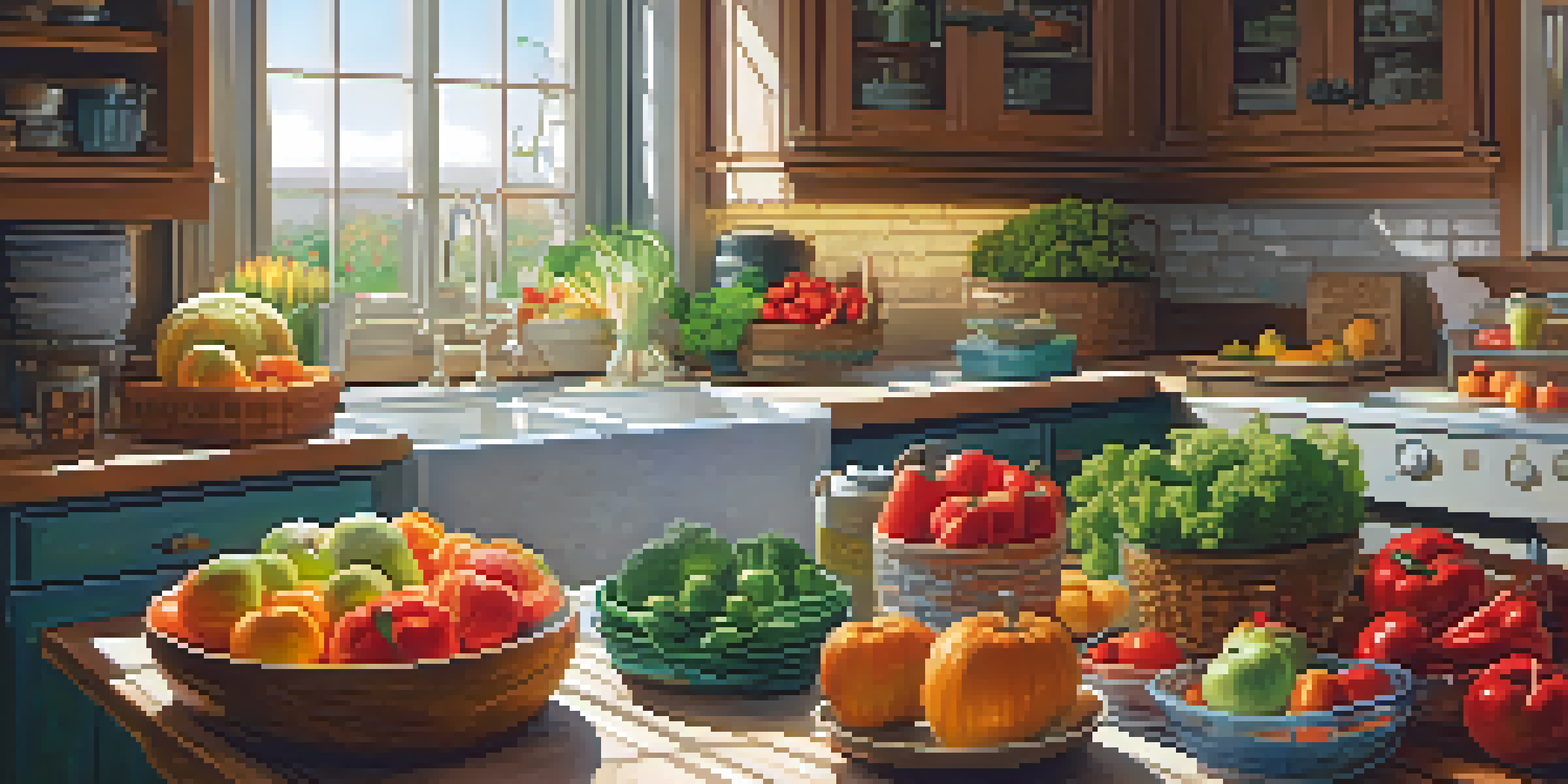 A bright kitchen with fresh vegetables and fruits on a wooden table, accompanied by a meal plan and shopping list under soft morning light.