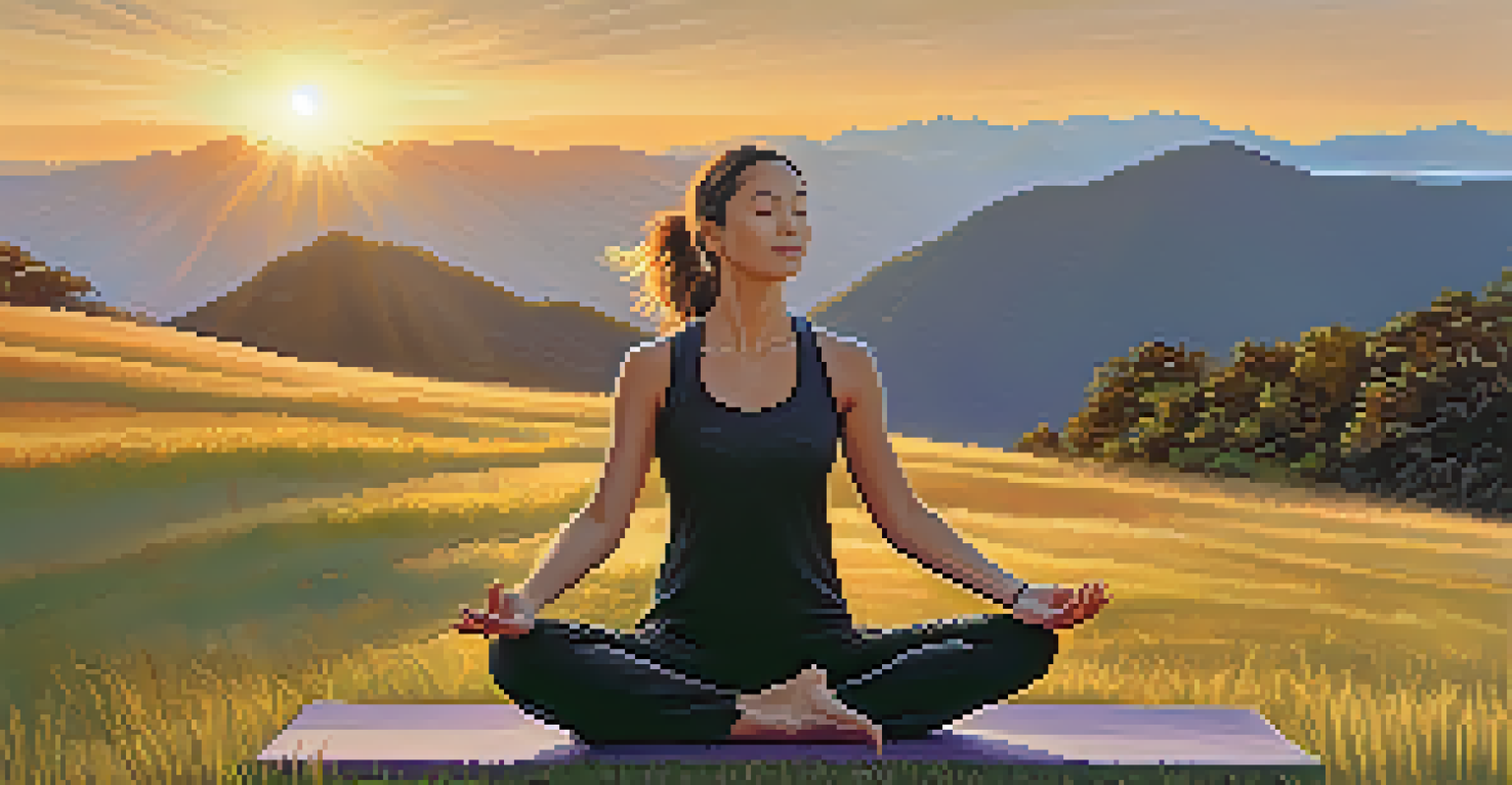 A person practicing yoga on a grassy hill at sunrise, with mountains in the background, promoting tranquility and wellness.