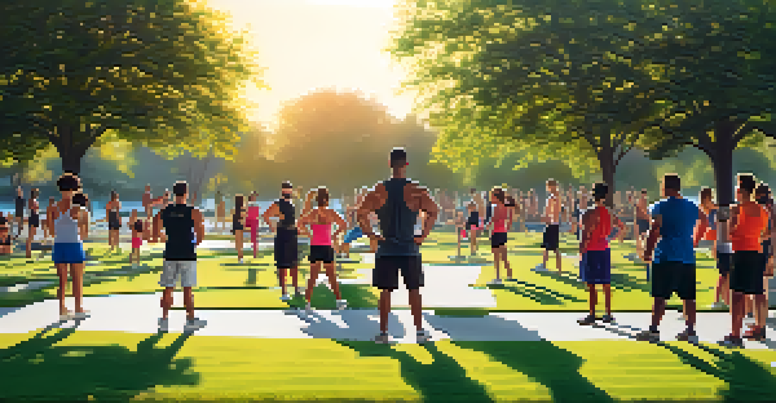 A diverse group of individuals participating in a bodybuilding workout session in a park during sunset.