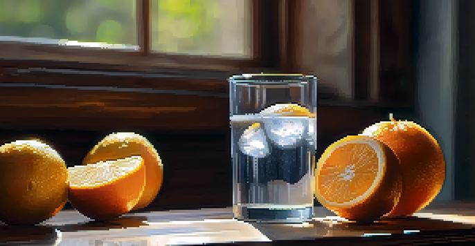 A glass of water with condensation on a wooden table, with fruits in the background.