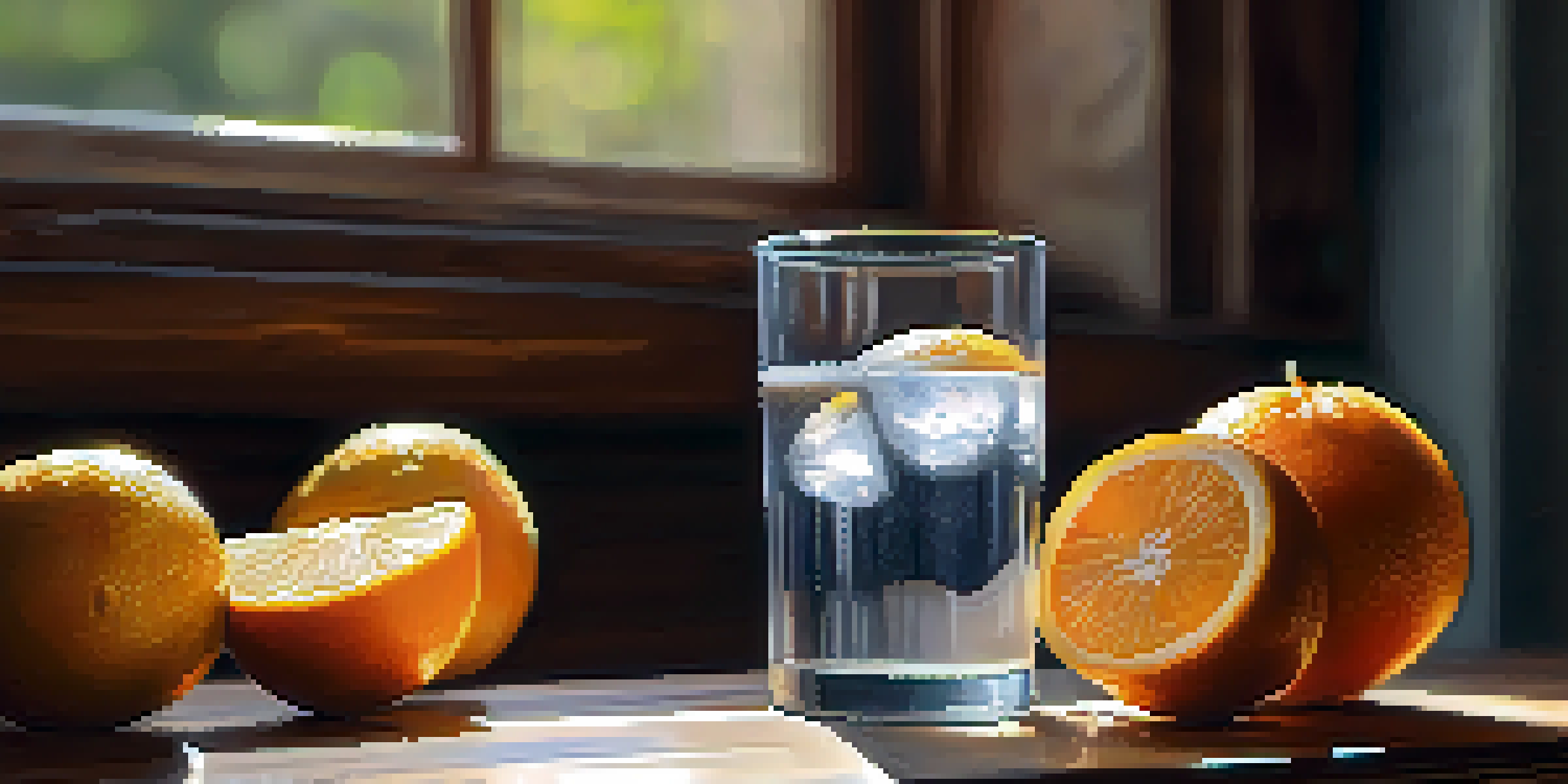 A glass of water with condensation on a wooden table, with fruits in the background.