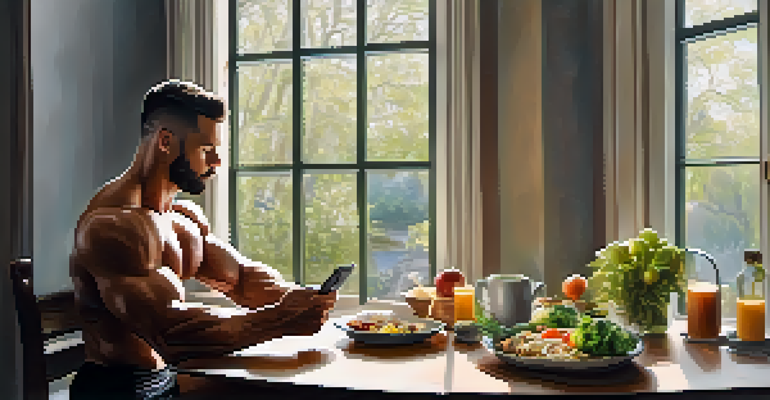 A bodybuilder tracking nutrition at a table with a journal and healthy meals, illuminated by soft natural light.