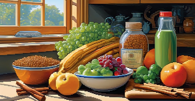 A bright kitchen filled with whole foods such as fruits, vegetables, and grains, illuminated by sunlight.