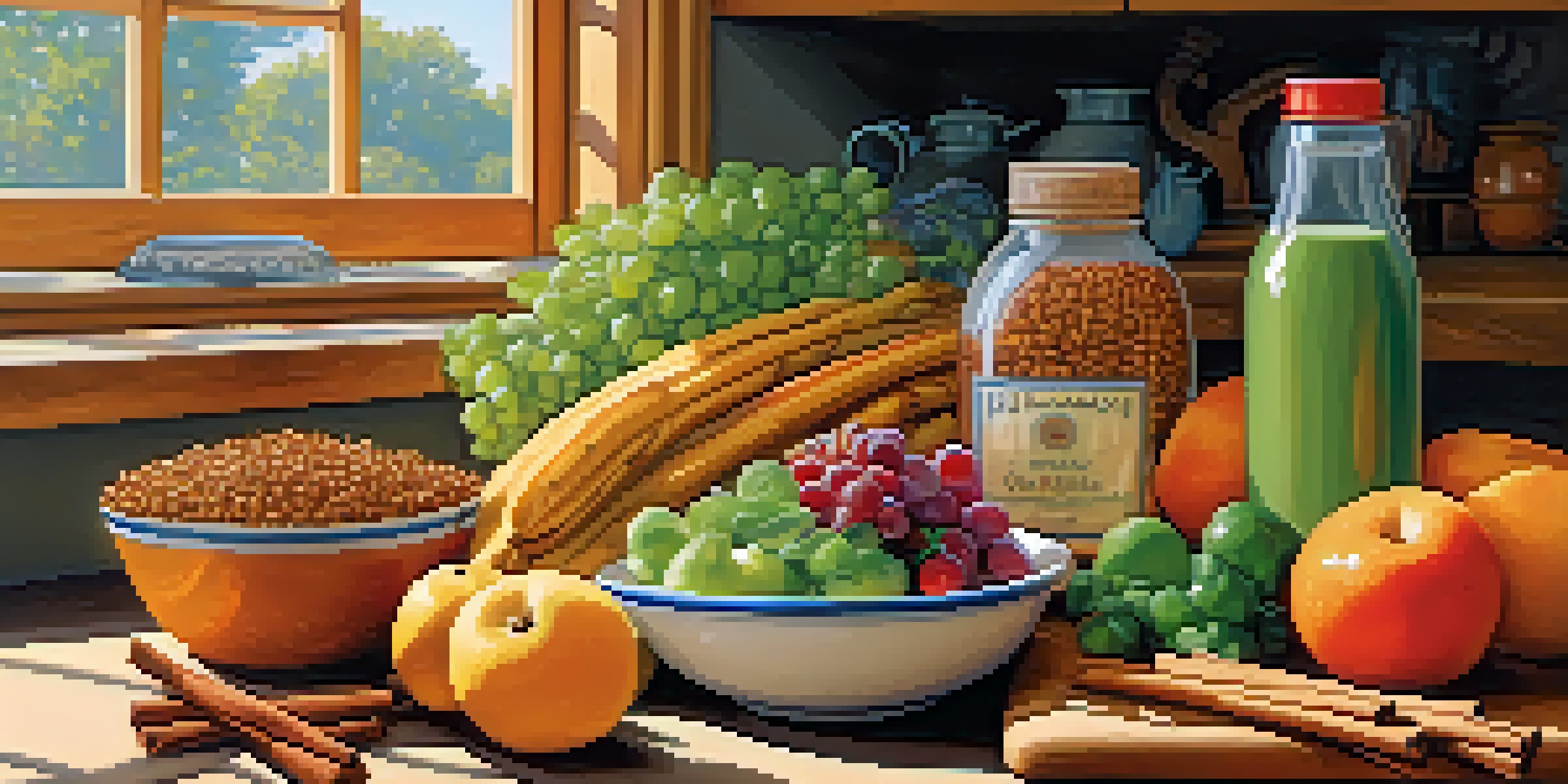 A bright kitchen filled with whole foods such as fruits, vegetables, and grains, illuminated by sunlight.