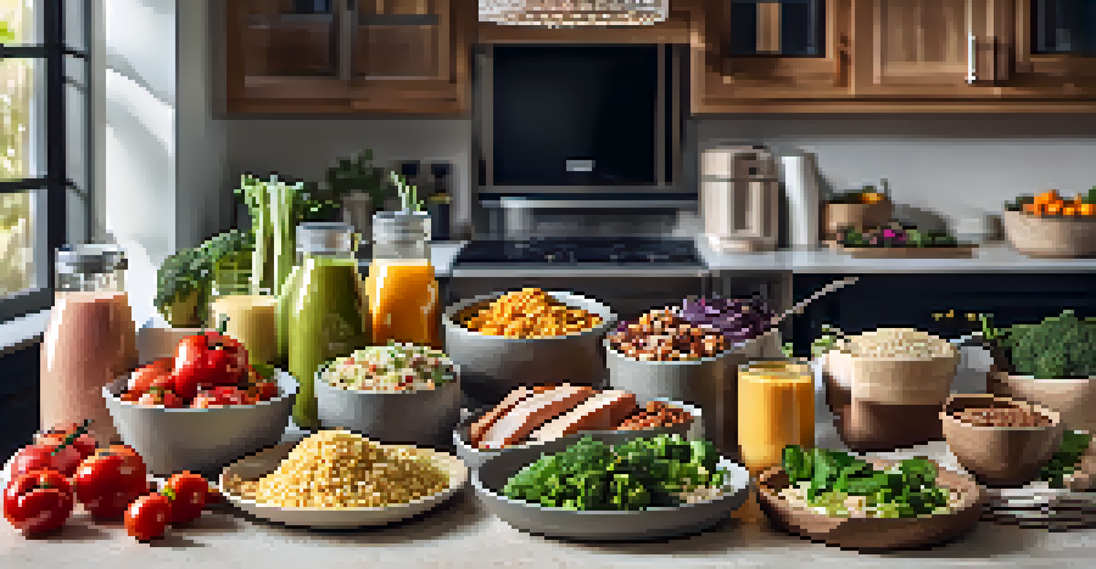 A colorful and nutritious meal prep display with grilled chicken, quinoa, and vegetables on a table.