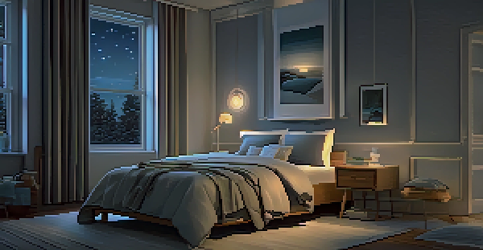 A serene bedroom at night with a cozy bed, warm lamp light, and a view of a starry sky outside the window.
