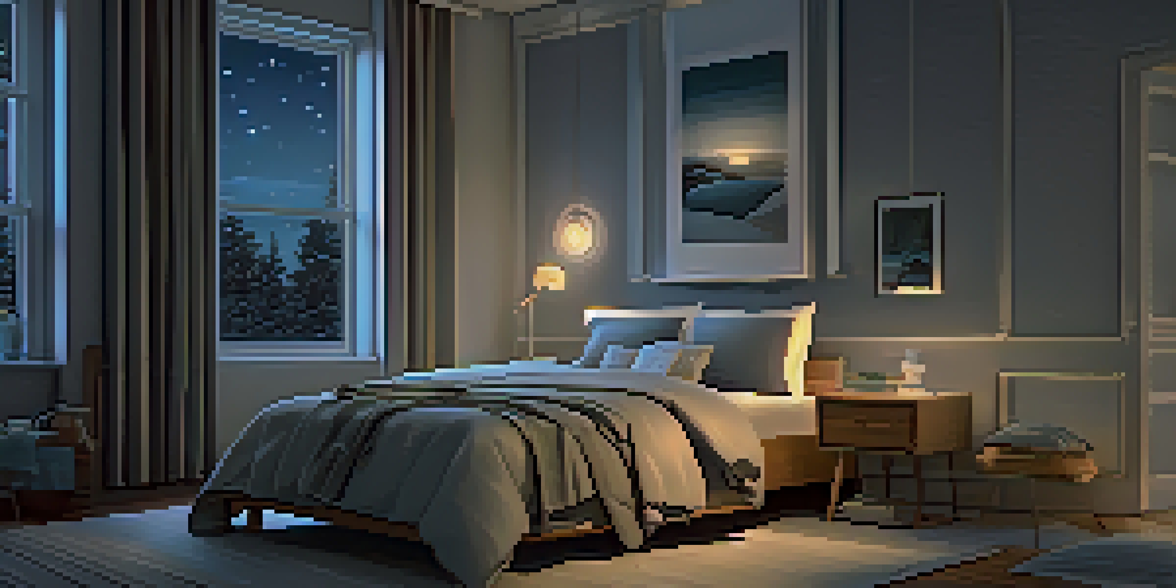 A serene bedroom at night with a cozy bed, warm lamp light, and a view of a starry sky outside the window.
