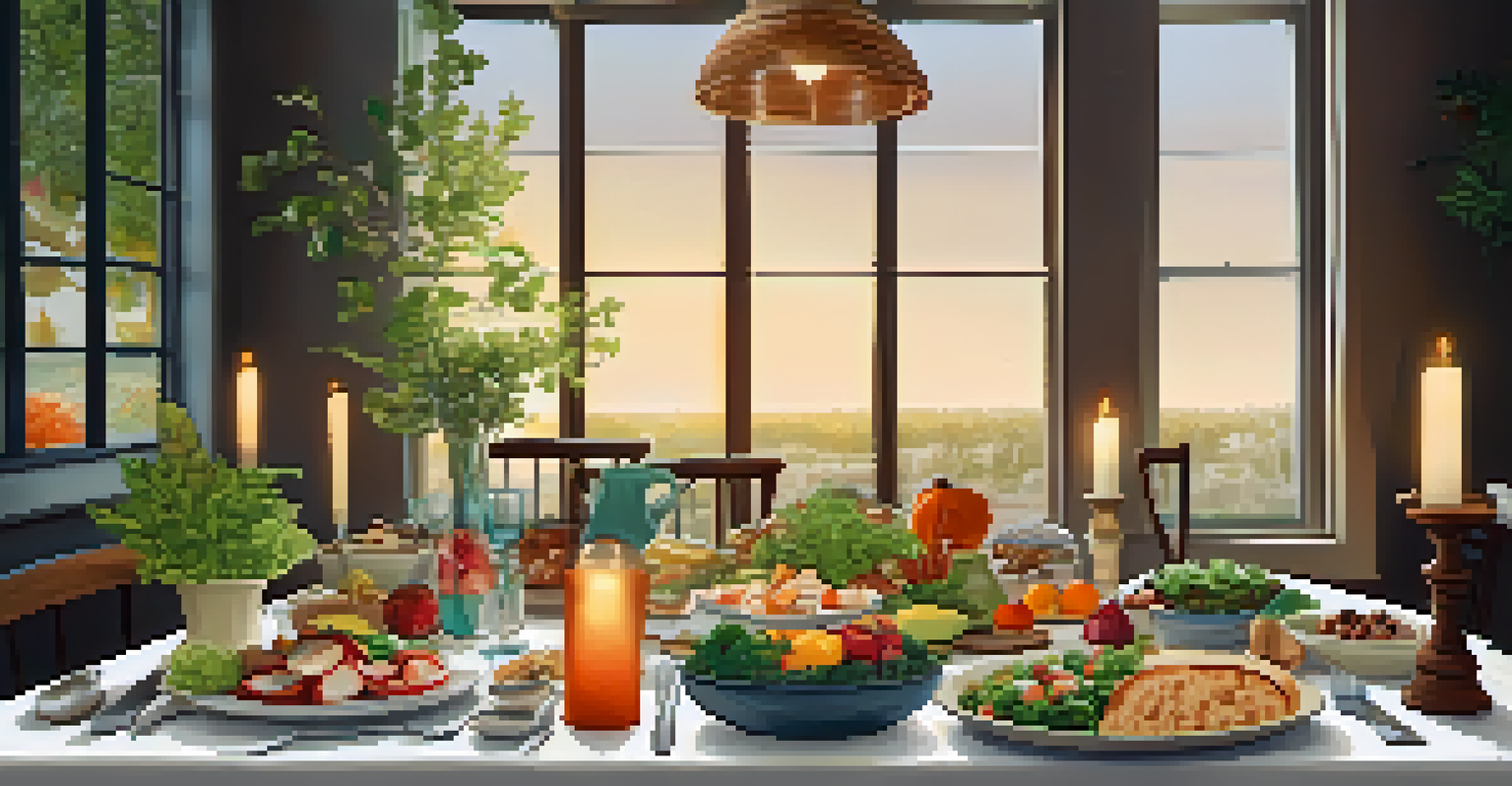A dining table beautifully set with eco-conscious dishes including salads, whole grains, and plant-based proteins, surrounded by candles and potted plants.