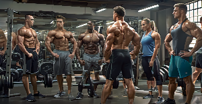 A diverse group of bodybuilders supporting each other in a gym, one lifting weights while the other spots, showcasing determination and teamwork.